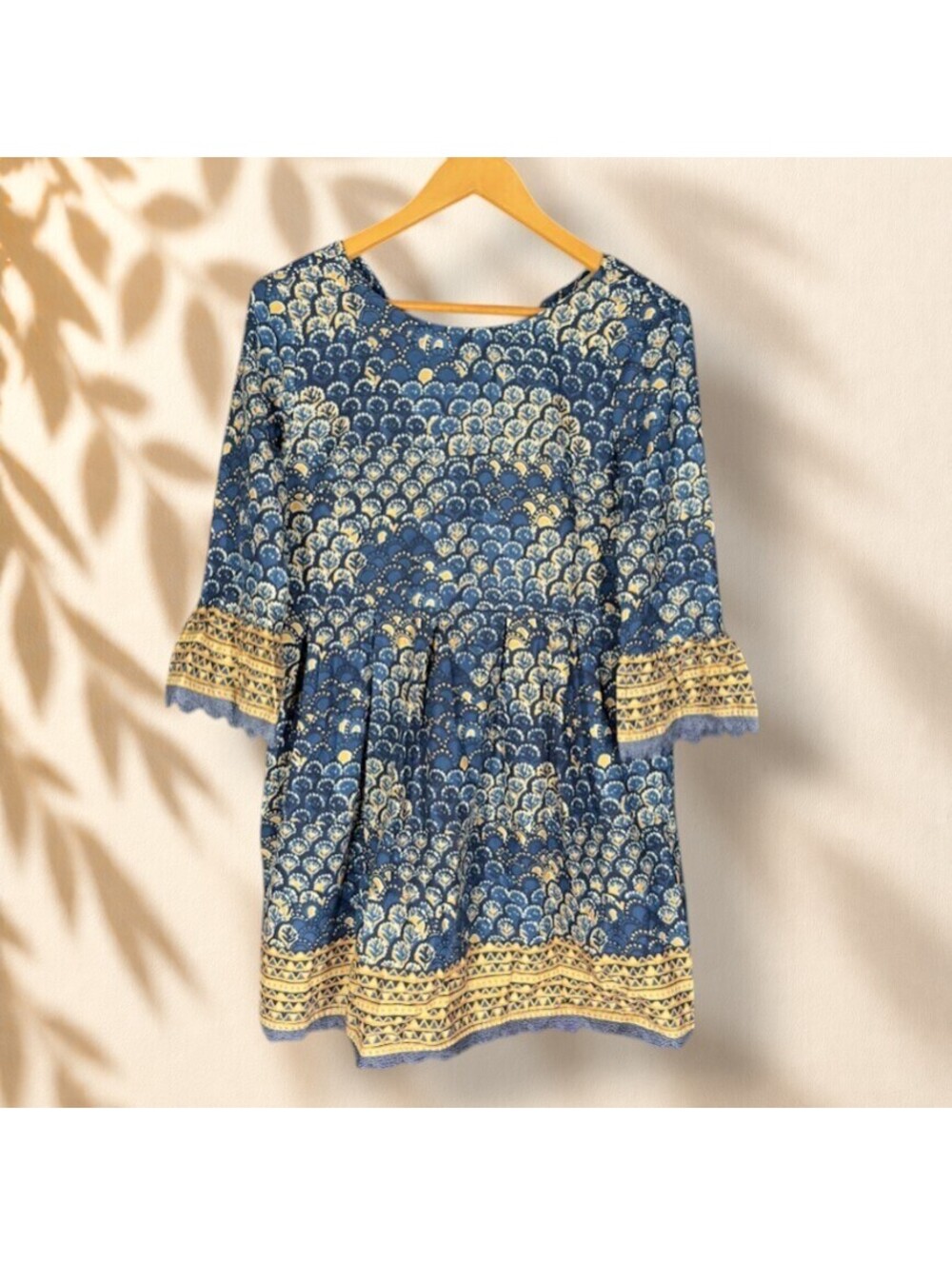 Anouk Mini Dress Women S Small Blue Geometric Short 3/4 Sleeve Cotton Casual